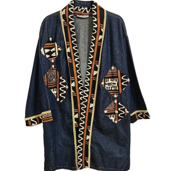 Molato Denim Duster: Cowrie Shells Afro‑Art Mudcloth‑Inspired Tribal Appliqué